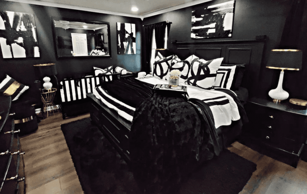 2: Bold Geometry: Utilizing Black Bedroom Furniture Ideas with Graphic Patterns