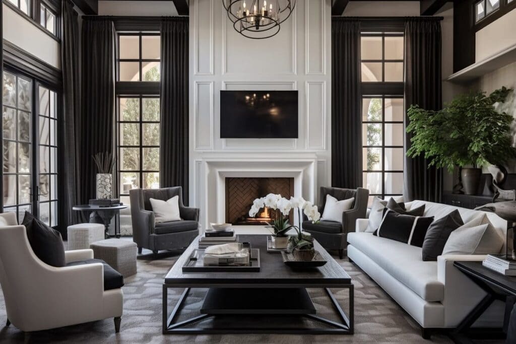 14: Monochrome Majesty: Elevating Living Room Furniture with Fireplace