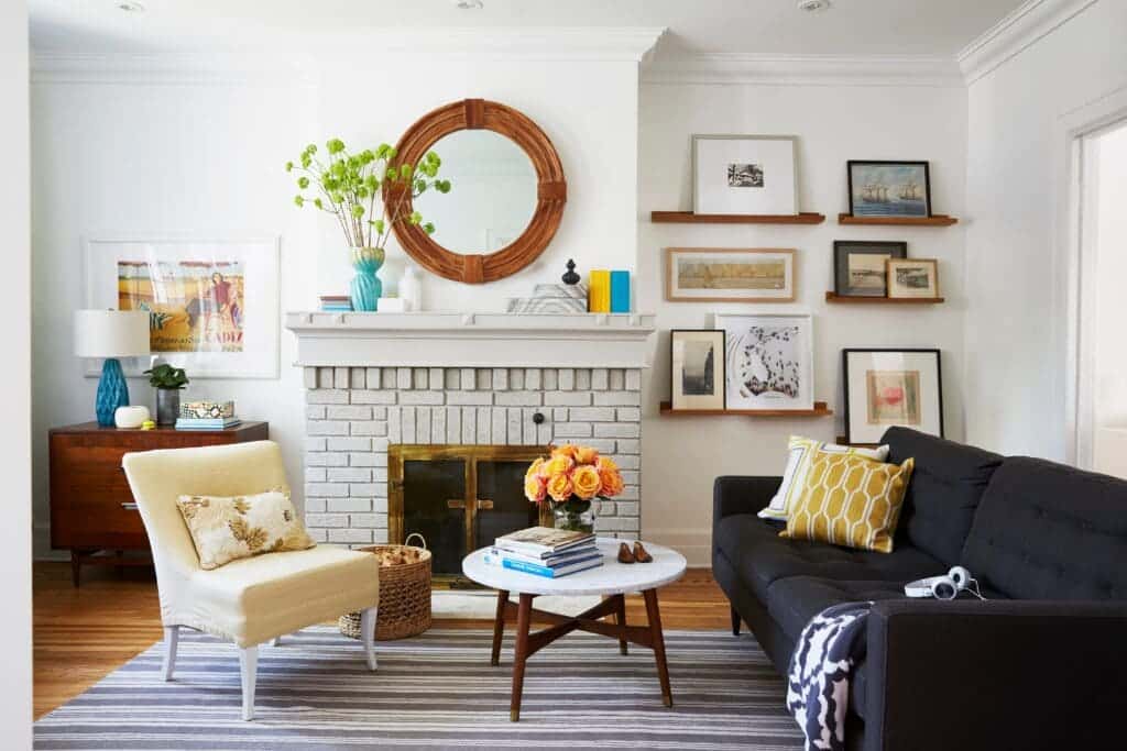 9: Reflective Charm: Mirror as Living Room Furniture Ideas with Fireplace