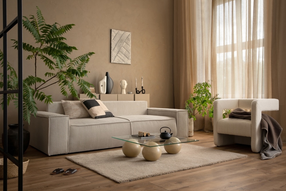 Warm And Cozy Composition Of Living Room Interior With Mock