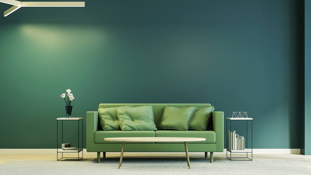 olive green interior in modern style with soft armchairs and green wall template