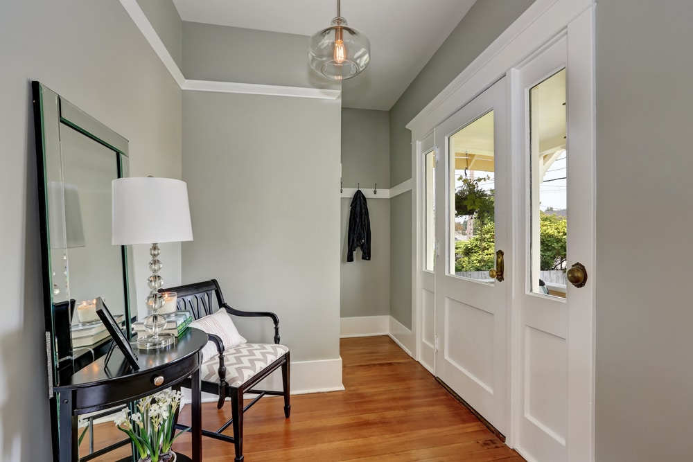 Entryway With Gray Walls Console Table With Mirror And Wood