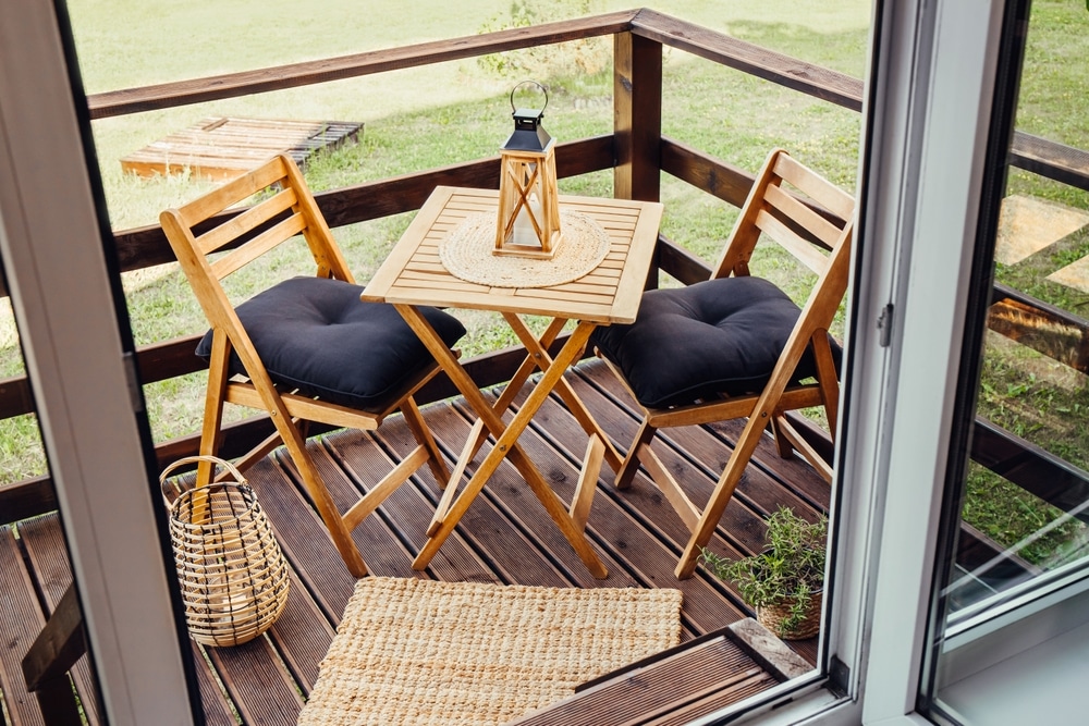 Modern Boho Style Small Wood Balcony Seating Corner With Wooden