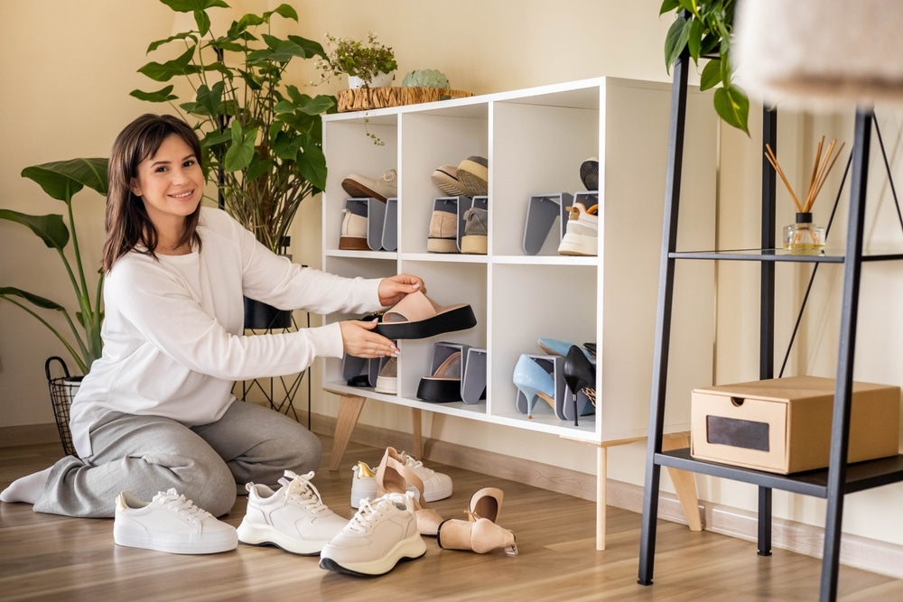 Smiling Woman Choosing Footwear Shoes Closet Comfortable Storage 