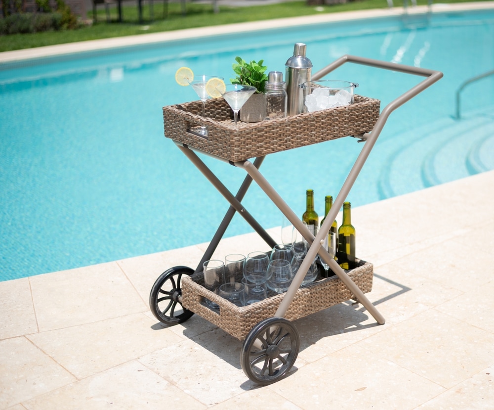 Summertime Poolside Celebration Cart Outfitted With A Rattan Bar Trolley