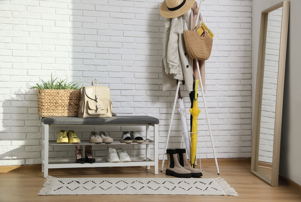 Stylish Hallway Interior With Coat Rack Shoe Storage Bench And