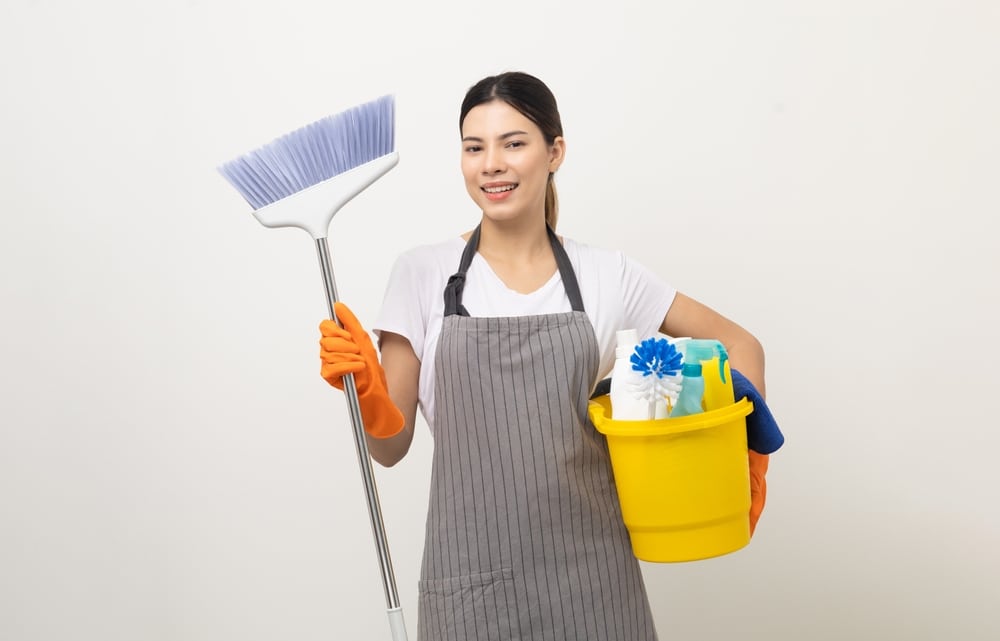 Young Housekeeper Woman Holding Bucket Of Cleaning Products 