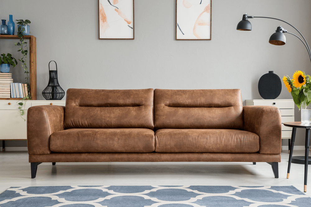 A view of a brown leather sofa