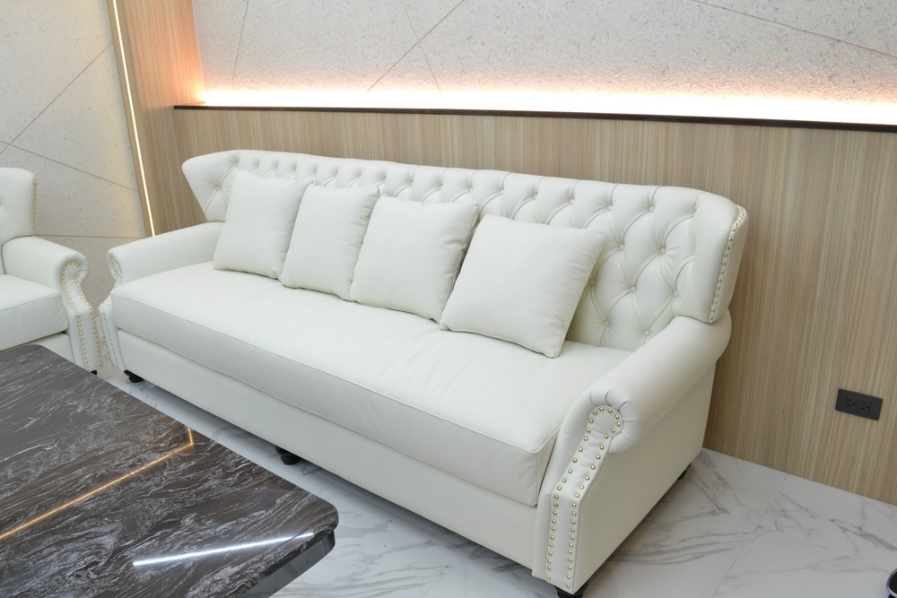 A view of a white leather sofa